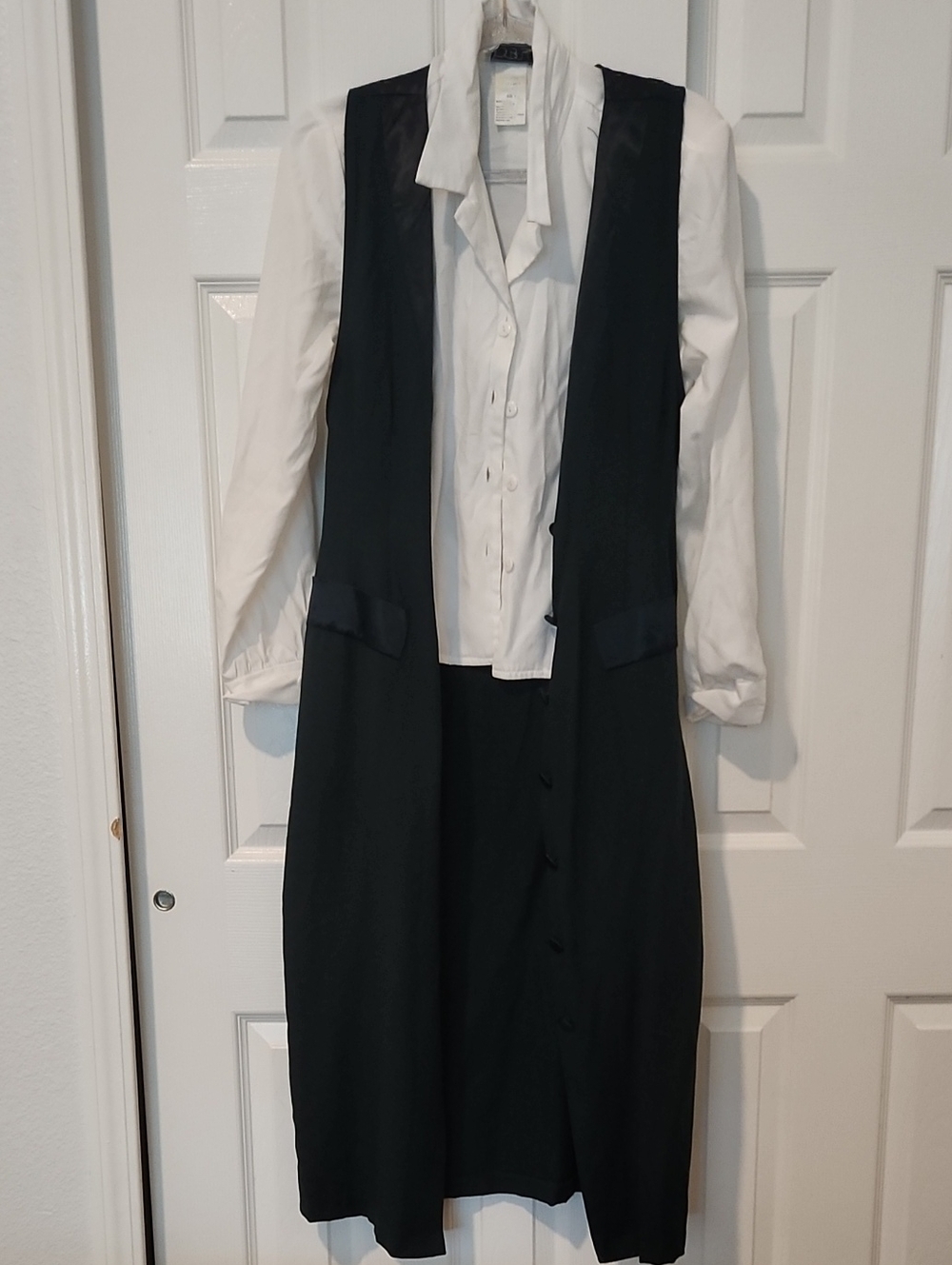 Classic Dark Green Long Vest Dress with White Shirt Layer